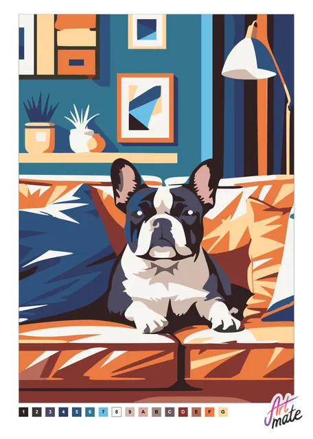 Цветной образец раскраски «Бульдог на диване»