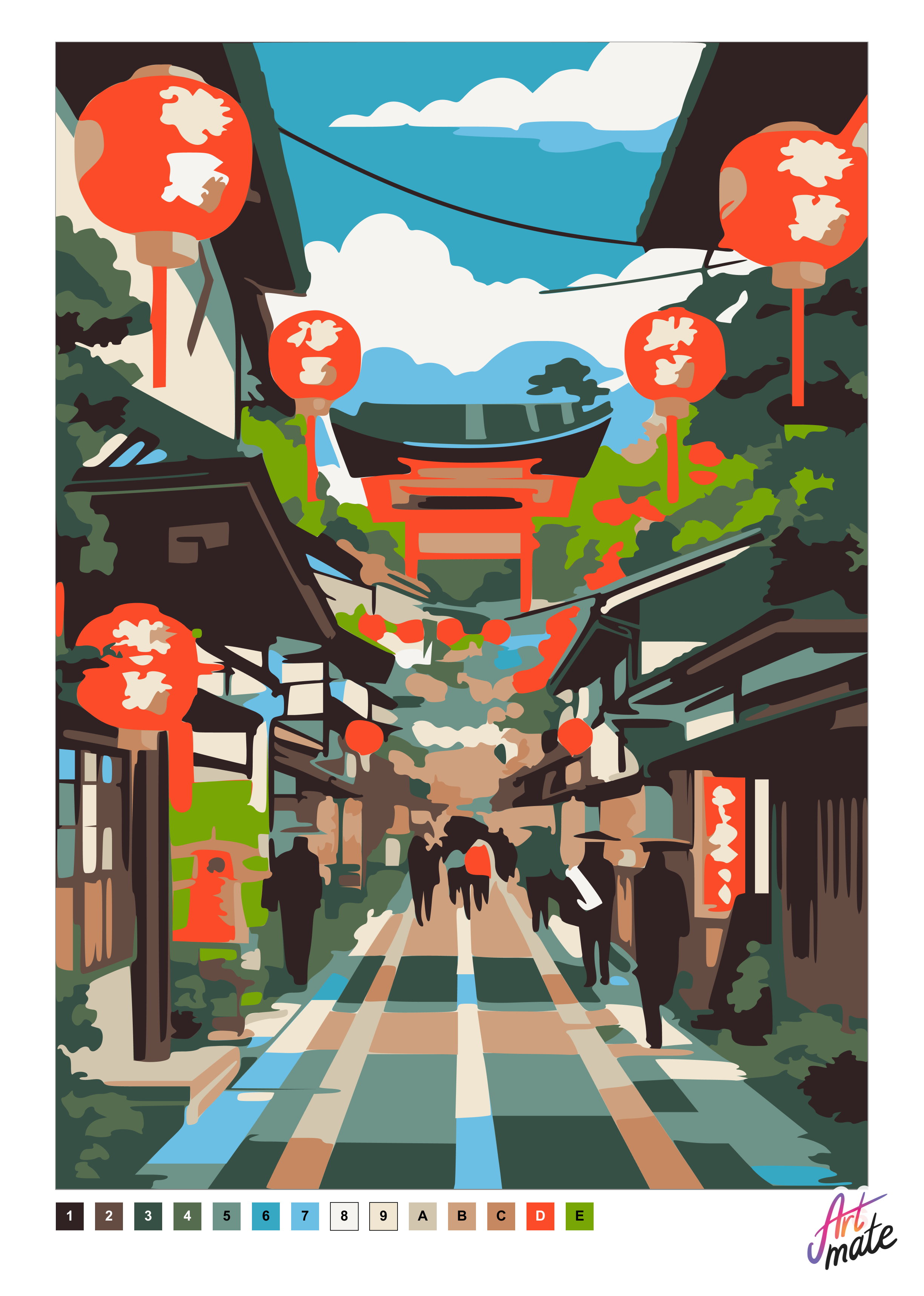 Цветной образец: японская улица с красными фонарями и тории