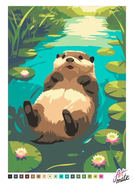 Цветной образец раскраски по номерам Artmate с выдрой среди кувшинок и водных растений